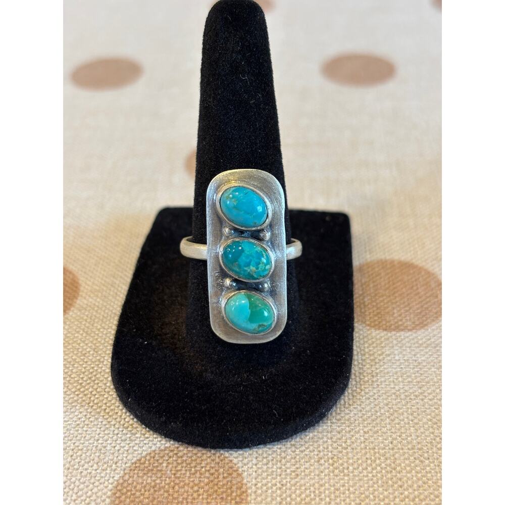 Three Stone Turquoise Sterling Silver Ring | Long Southwestern Statement Ring - Picture 4 of 7